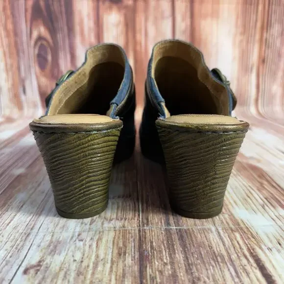 Born Sz 7 Blue Suede Leather Buckle Slide On Chunky Block Heel Clogs Mules Shoes - Picture 4 of 11